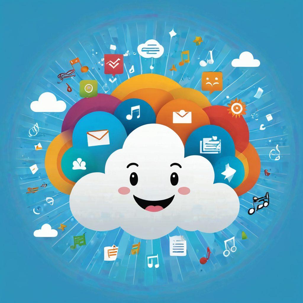 A whimsical cloud with a smiling face, surrounded by floating colorful data icons like documents, photos, and music notes. The background features a bright blue sky with sunbeams shining down, symbolizing cheerful accessibility. Include friendly characters using various devices to illustrate data storage. The overall vibe should be vibrant and inviting. vector art. vibrant colors. white background.