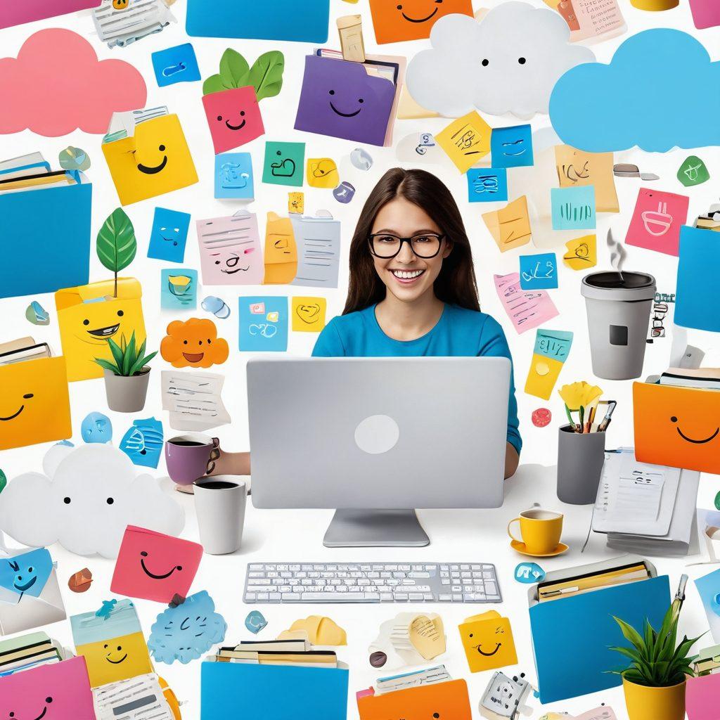 A dynamic, colorful scene of a joyful person organizing files on a computer surrounded by playful icons representing digital storage, like folders, clouds, and cheerful emoticons. Soft, bright colors evoke a sense of happiness and productivity. Include elements like a cup of coffee and plants to create a warm, inviting atmosphere. super-realistic. vibrant colors. white background.