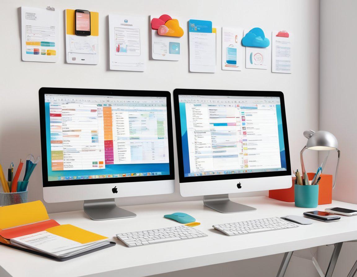 A visually stunning workspace with neatly organized files and documents, showcasing a vibrant mix of digital devices and cloud icons representing file sharing. Include a person seamlessly organizing their files on a computer screen while elements like checklists and folders float around, symbolizing efficiency. Bright and engaging colors to inspire productivity. super-realistic. vibrant colors. white background.